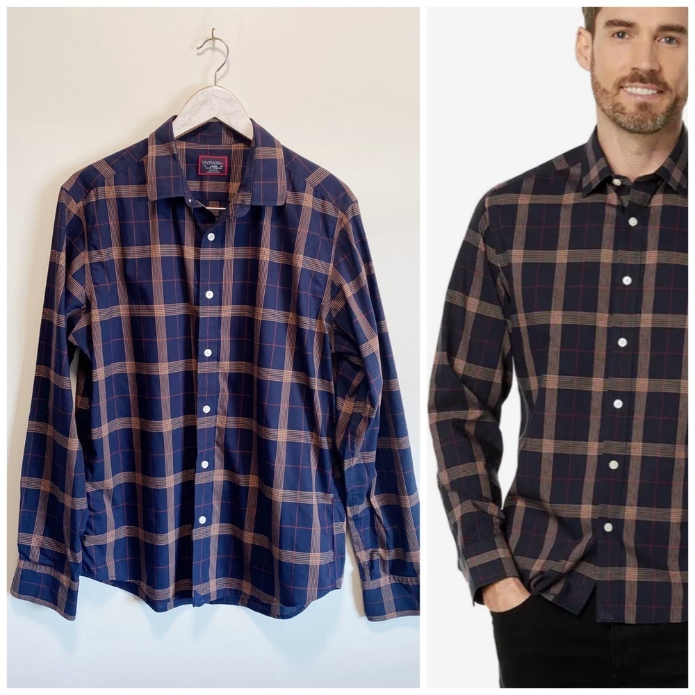 UNTUCKit Paterson Dark Blue Plaid Wrinkle Free Button Up Shirt Men's Large